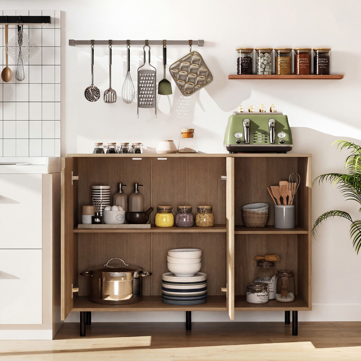 LIVSK Buffetkast - Houten Dressoir met 2 Deuren - Verstelbare Planken - Stabiele Metalen Poten - Zwart/Naturel