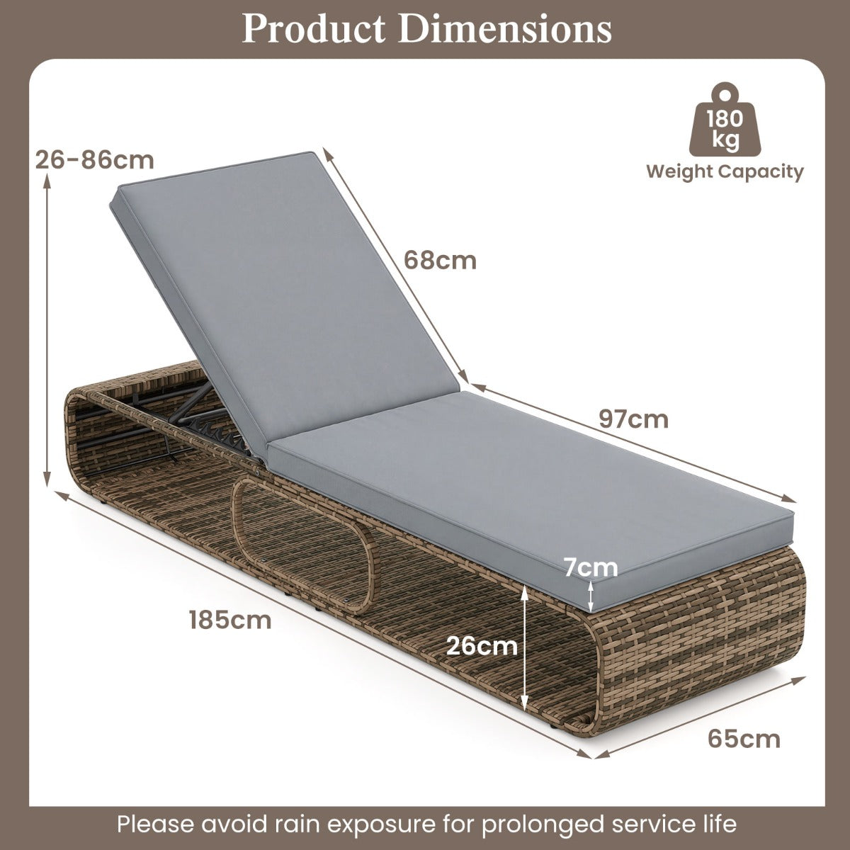 LIVSK Buitenligstoel - 7 Verstelbare Standen - PE-Rotan - Robuust Metaal - Opbergvak - Beige/Grijs