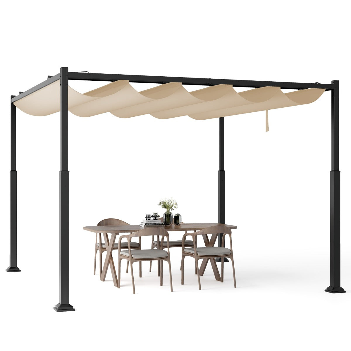 LIVSK Buitenpergola - Uitschuifbare Luifel - Stevige Metalen Kolommen - Weerbestendig Polyester - 310 x 310 cm - Beige+Zwart
