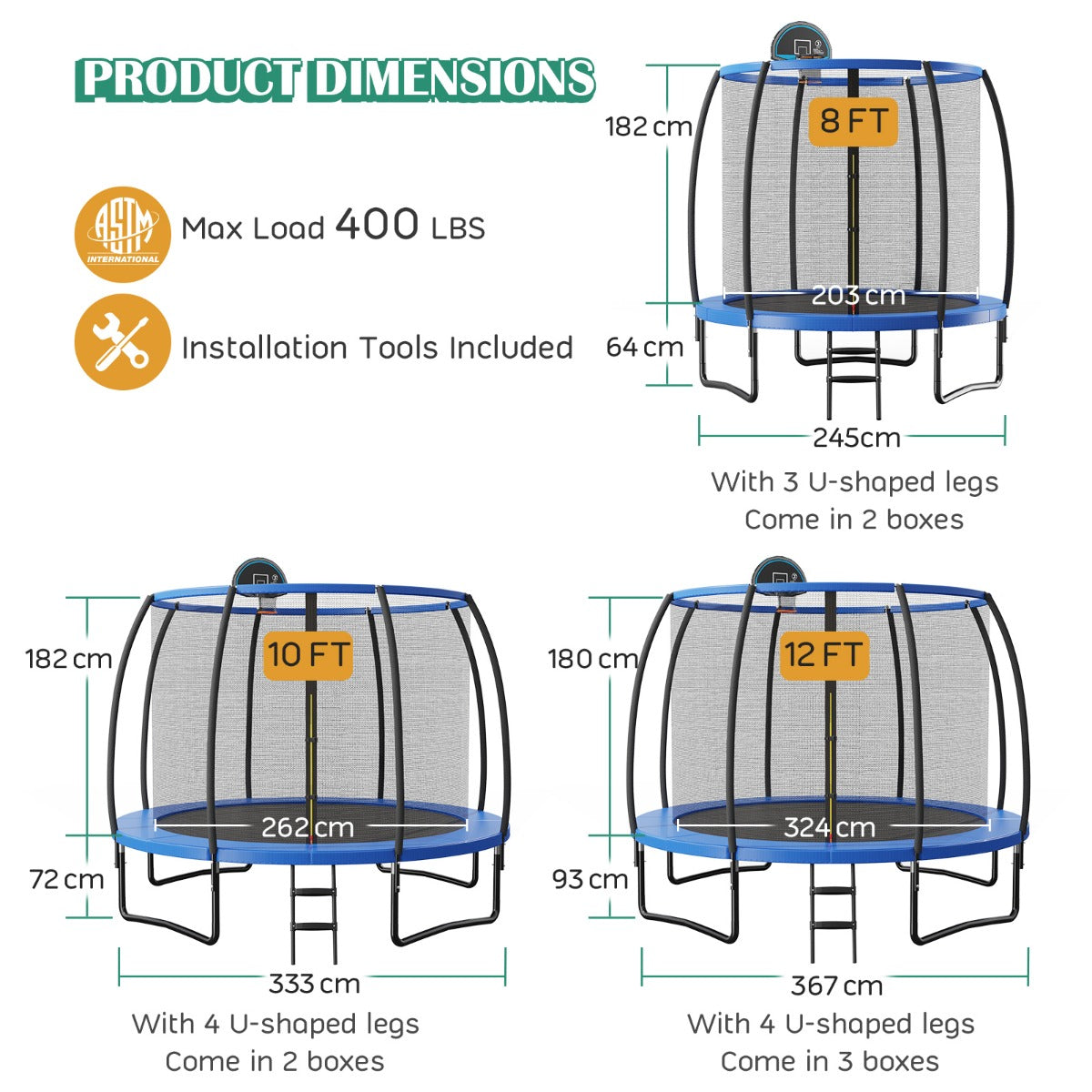 LIVSK Buitentrampoline 12 FT - Veiligheidsnet - Hoogwaardig Springdoek - Eenvoudige Montage - Blauw + Zwart