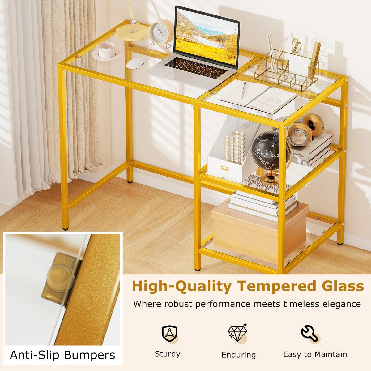 LIVSK Bureau met Gehard Glazen Blad - Metalen Frame - Verstelbare Voetkussens - Ruim Werkblad 106x51 cm - Goud/Zwart