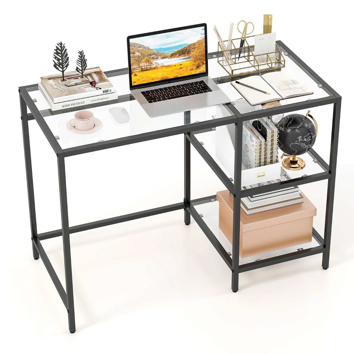 LIVSK Bureau met Gehard Glazen Blad - Ruim Werkblad 106x51cm - Robuust Metaal - Verstelbare Voetjes - Goud/Zwart