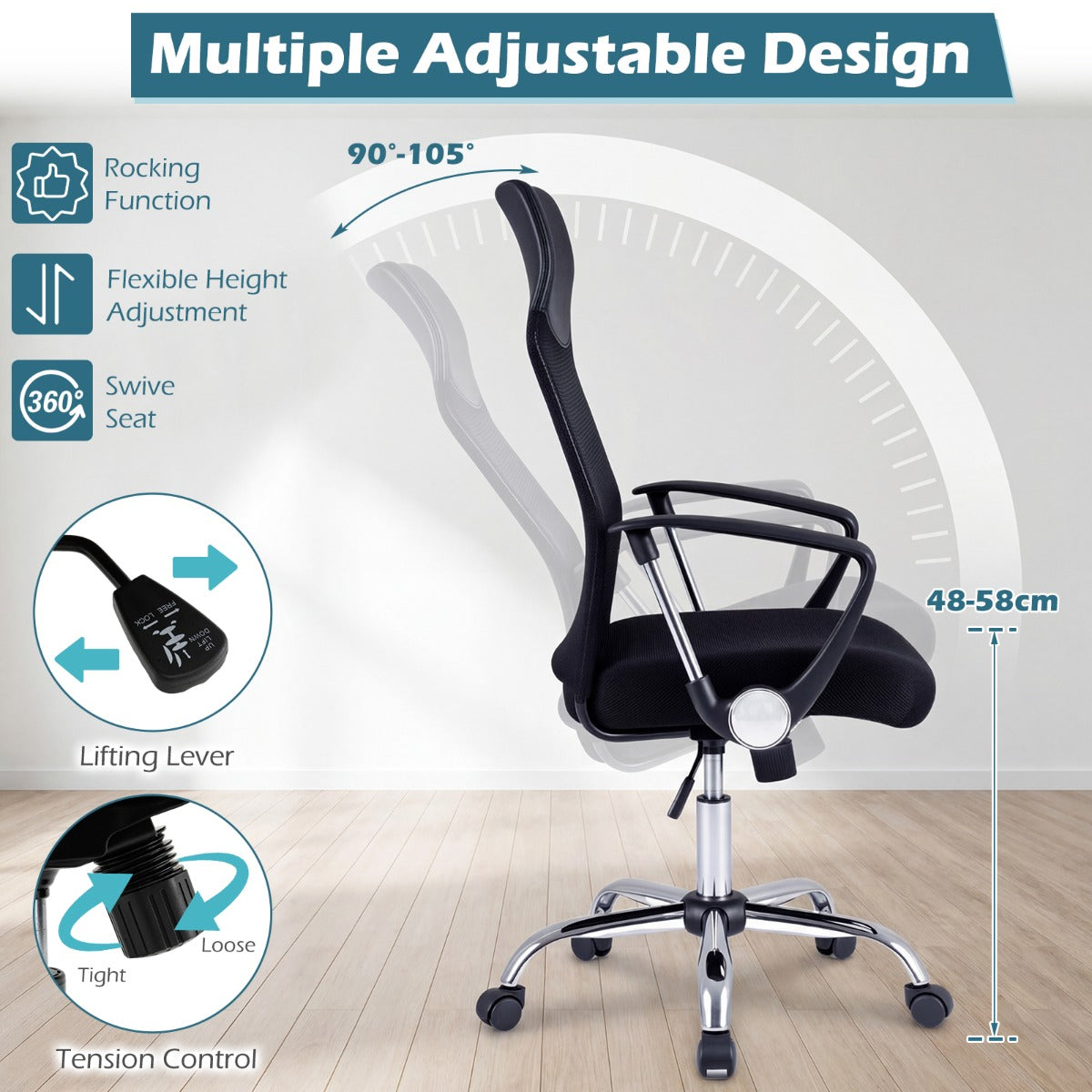 LIVSK Bureaustoel - Ergonomisch Ontwerp - Verstelbare Zithoogte 48-58 cm - Robuust Metalen Voetkruis - Zwart
