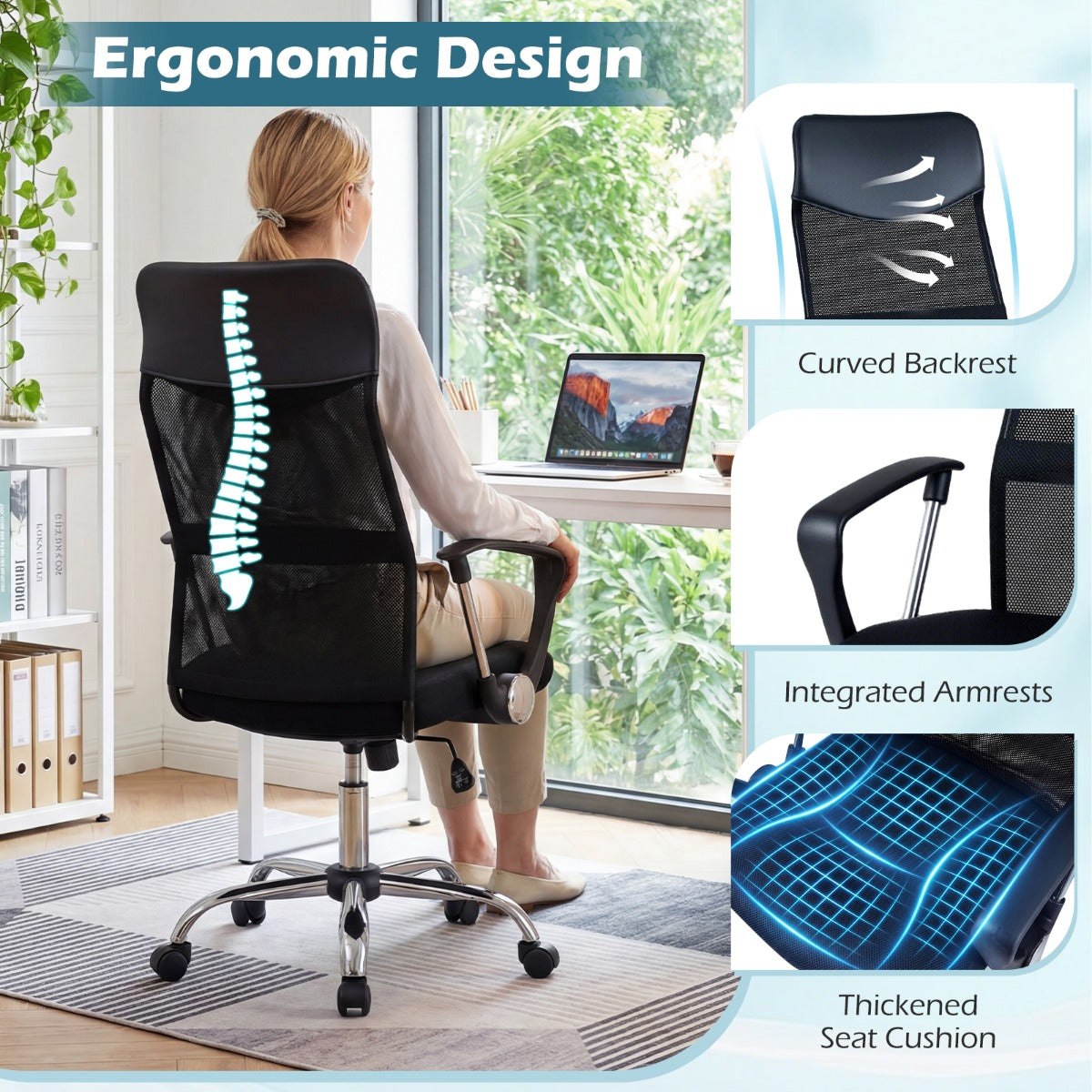 LIVSK Bureaustoel - Ergonomisch Ontwerp - Verstelbare Zithoogte 48-58 cm - Robuust Metalen Voetkruis - Zwart
