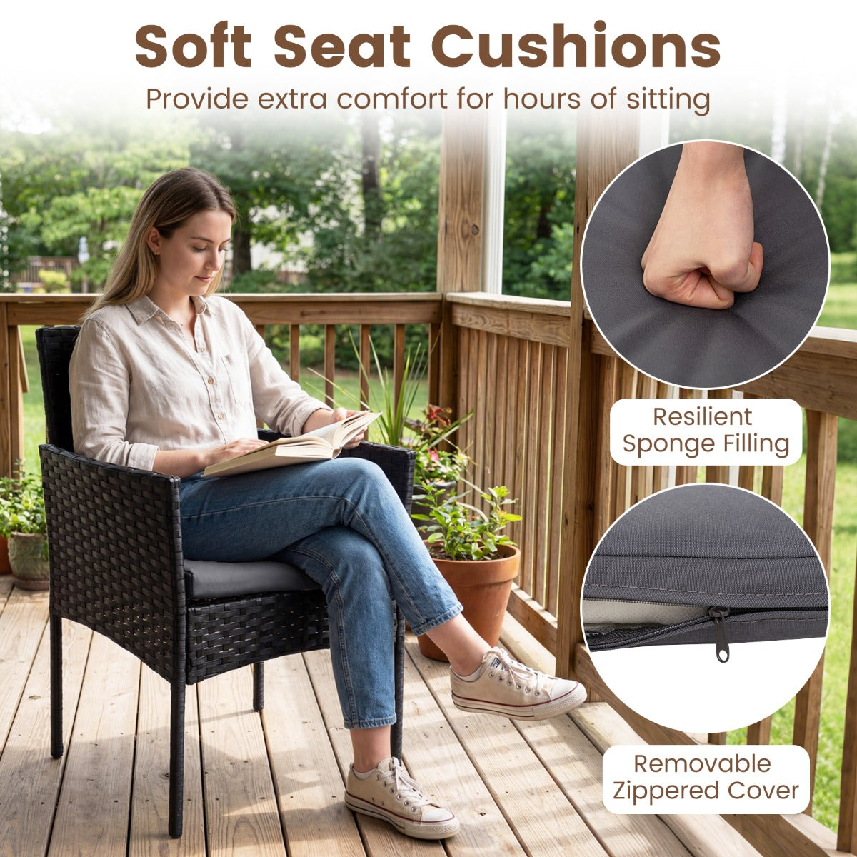 LIVSK Complete Tuinset - Handgemaakt Rotan - Ergonomisch Zitcomfort - Wasbare Kussens - Metaal en Glas - Grijs