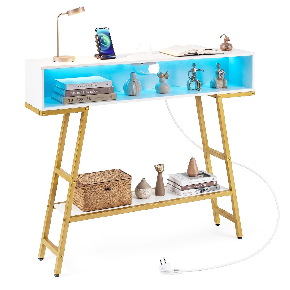 LIVSK Consoletafel - Ingebouwde LED-verlichting - Oplaadstation met 2 stopcontacten - Ruime opbergruimte - Roestbruin & Zwart