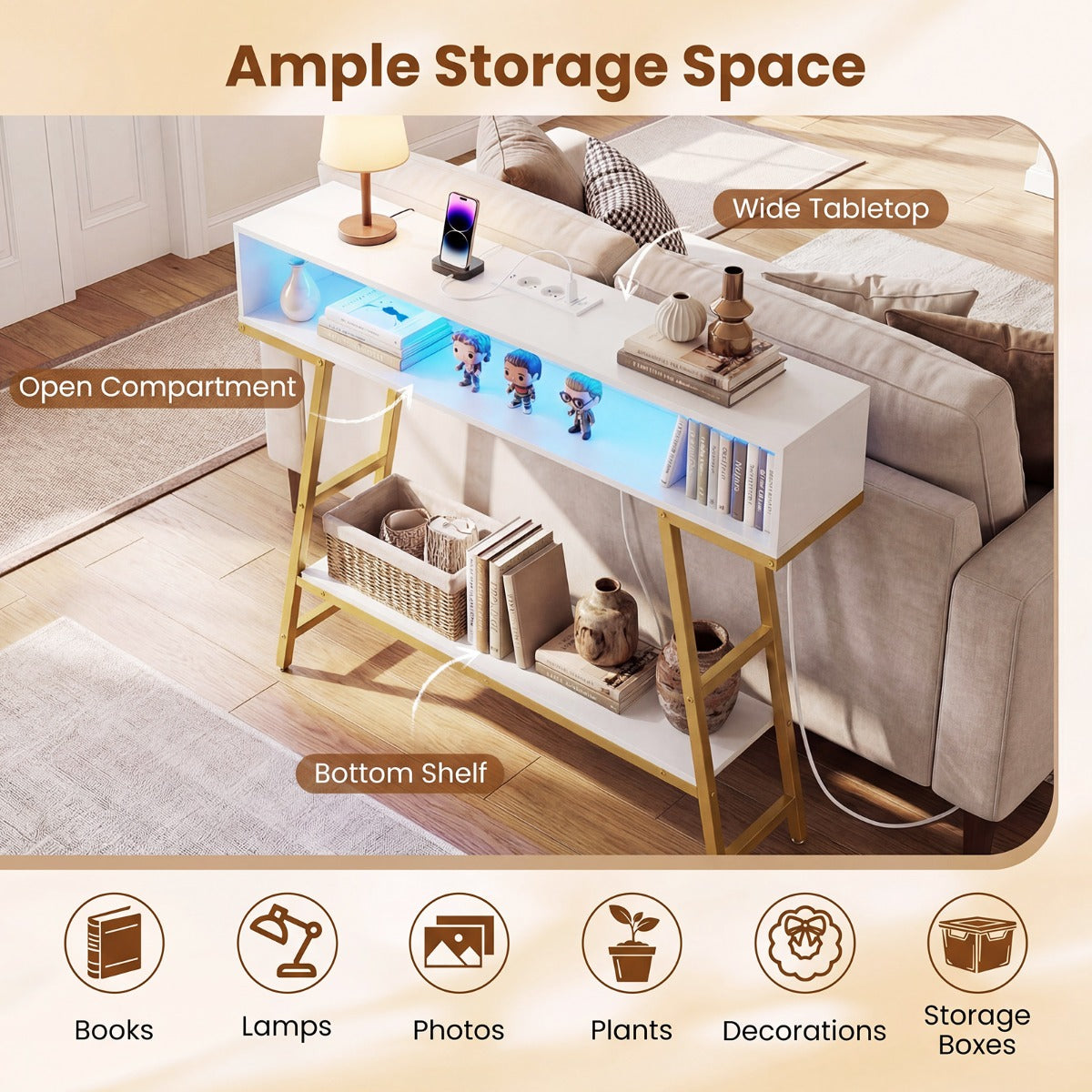 LIVSK Consoletafel - Ingebouwde LED-verlichting - Oplaadstation met 2 stopcontacten - Ruime opbergruimte - Roestbruin & Zwart