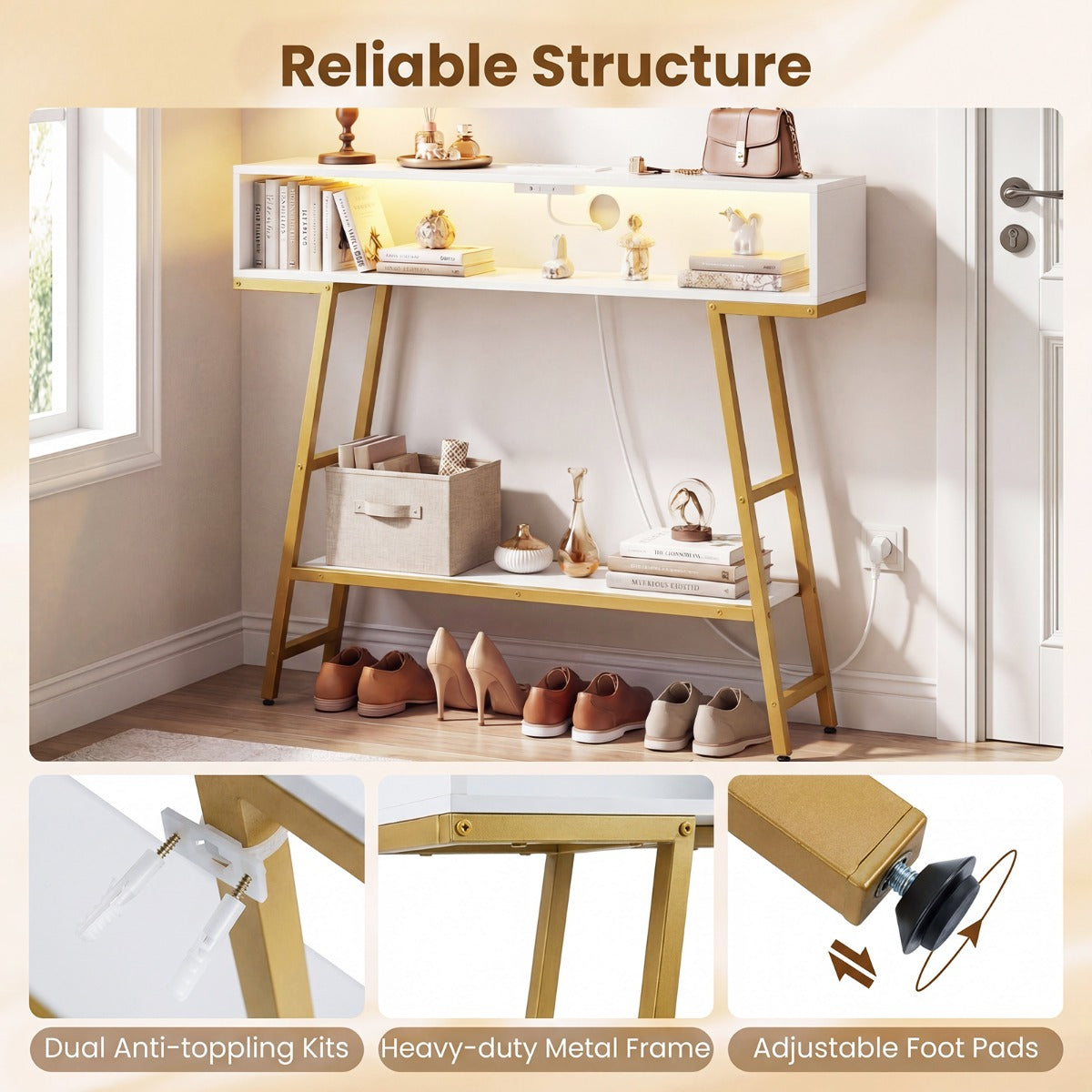 LIVSK Consoletafel - Ingebouwde LED-verlichting - Oplaadstation met 2 stopcontacten - Ruime opbergruimte - Roestbruin & Zwart