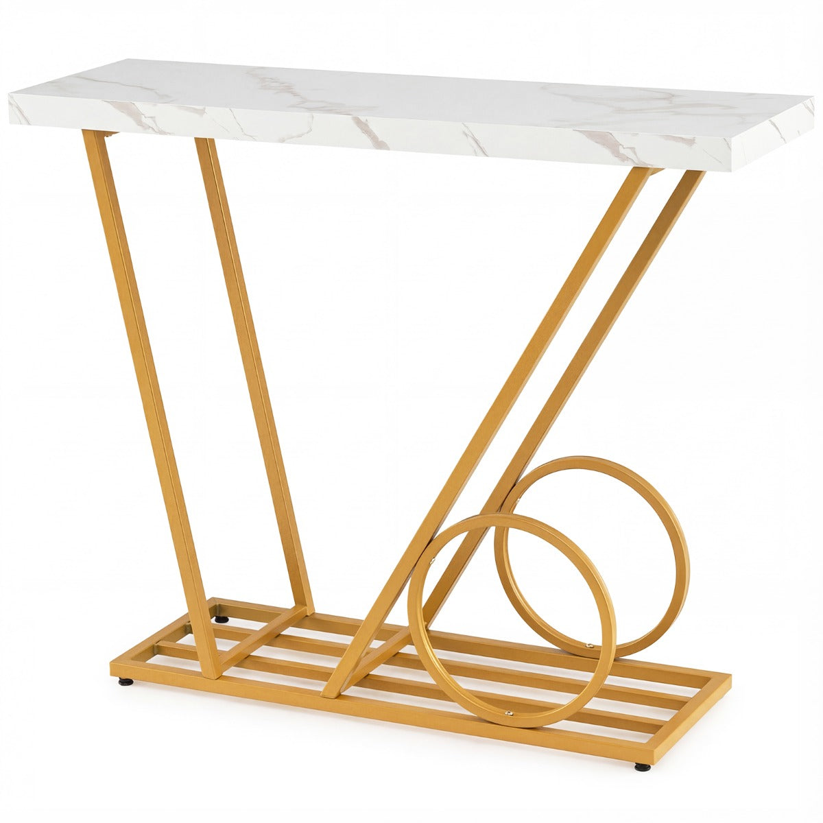 LIVSK Consoletafel - Marmerlook Tafelblad - Auto-geïnspireerd Design - Sterk Metaalframe - Tot 50 kg - Wit & Goud