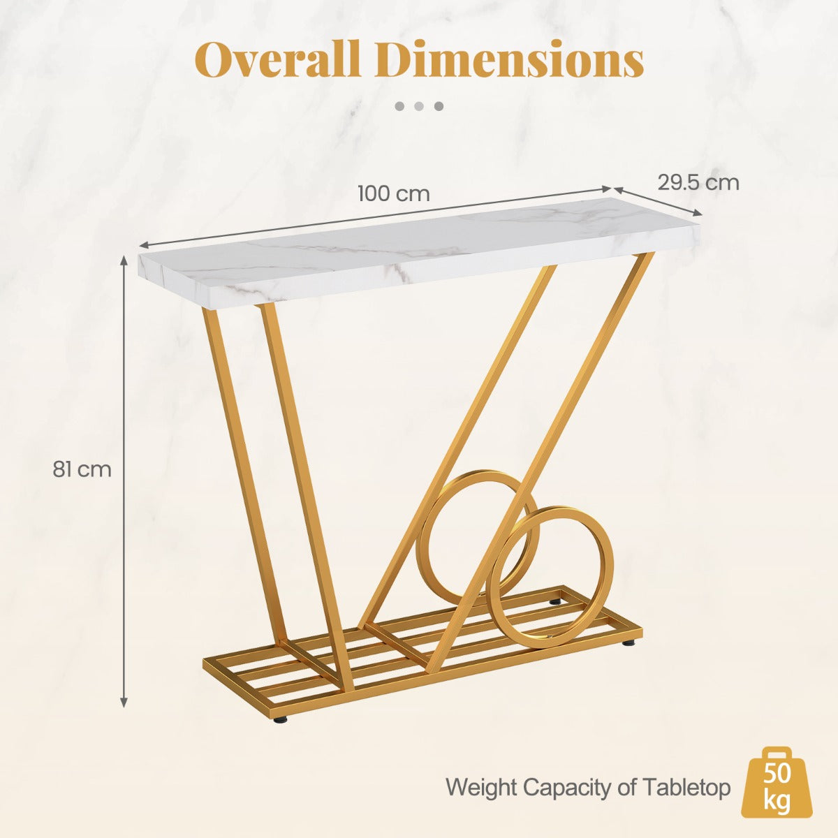LIVSK Consoletafel - Marmerlook Tafelblad - Auto-geïnspireerd Design - Sterk Metaalframe - Tot 50 kg - Wit & Goud