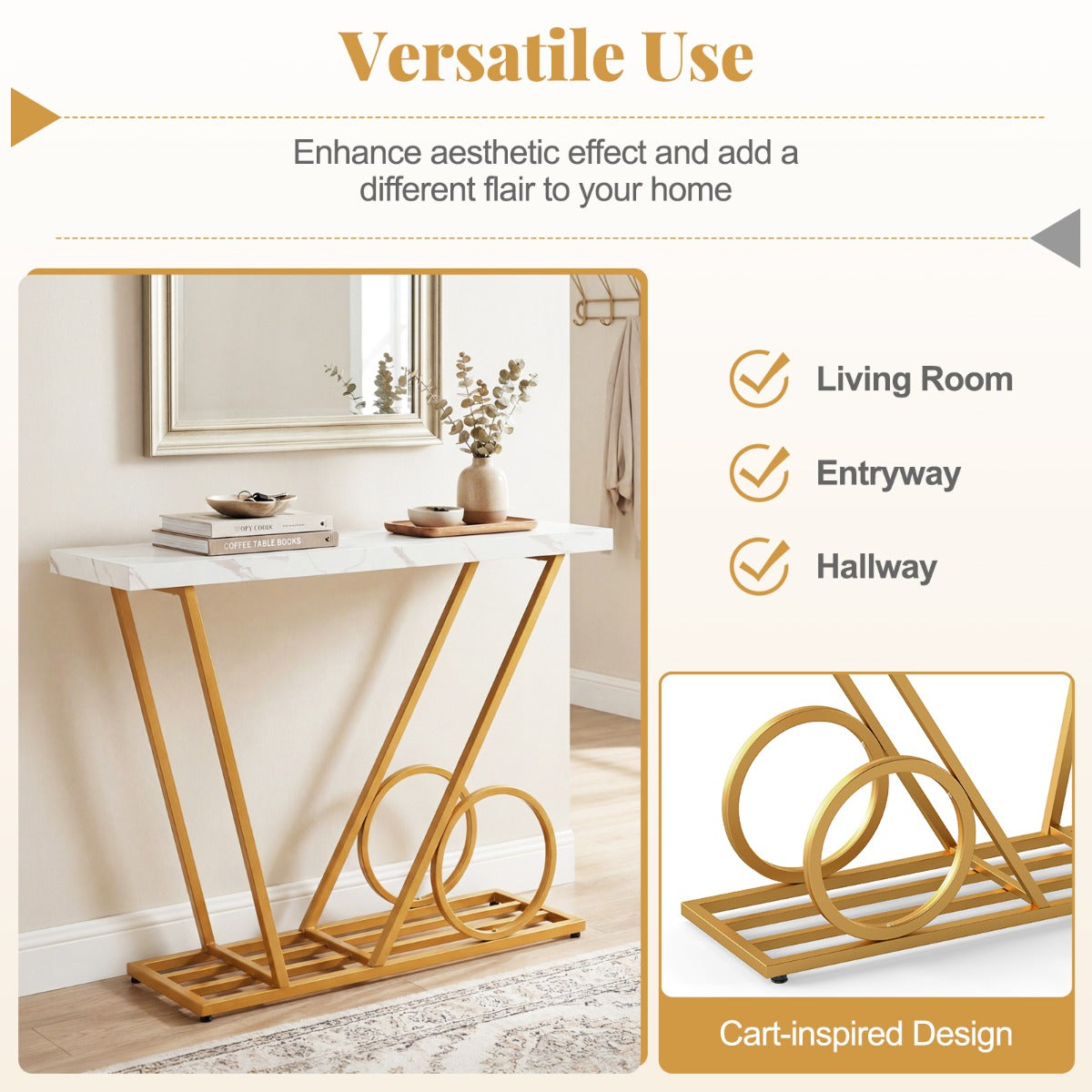 LIVSK Consoletafel - Marmerlook Tafelblad - Auto-geïnspireerd Design - Sterk Metaalframe - Tot 50 kg - Wit & Goud