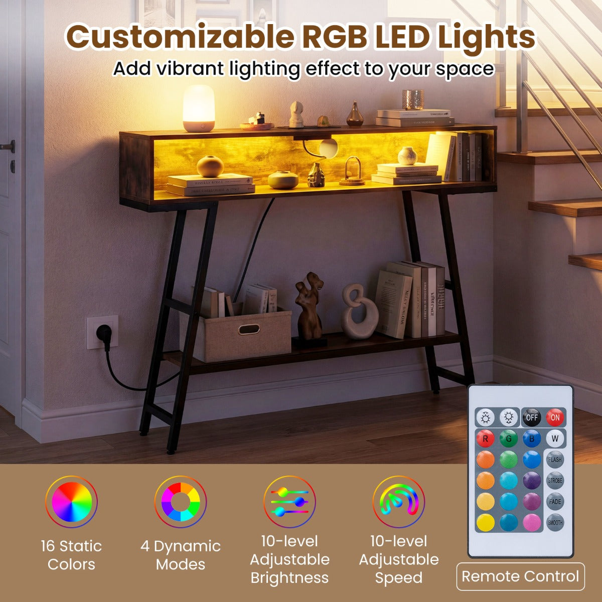 LIVSK Consoletafel met LED Verlichting - Oplaadstation - Ruime Opbergruimte - Verstelbare Voetjes - Roestbruin & Zwart