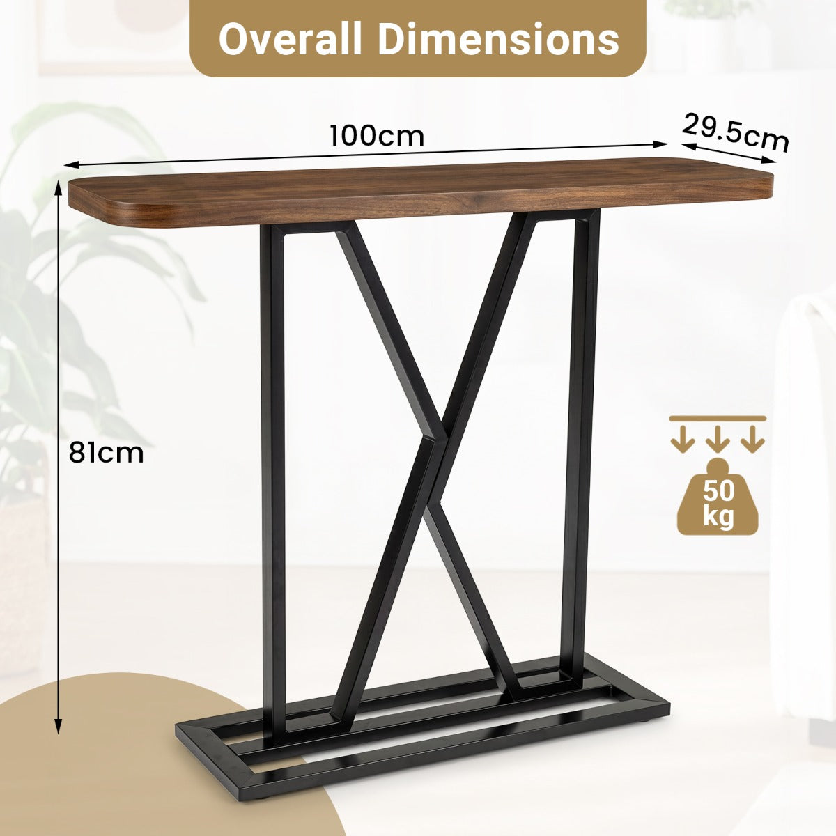 LIVSK Consoletafel - X-vormig Frame met Rustieke Houtnerf - Ruim Tafelblad 100 x 29,5 cm - Duurzaam en Stabiel - Bruin