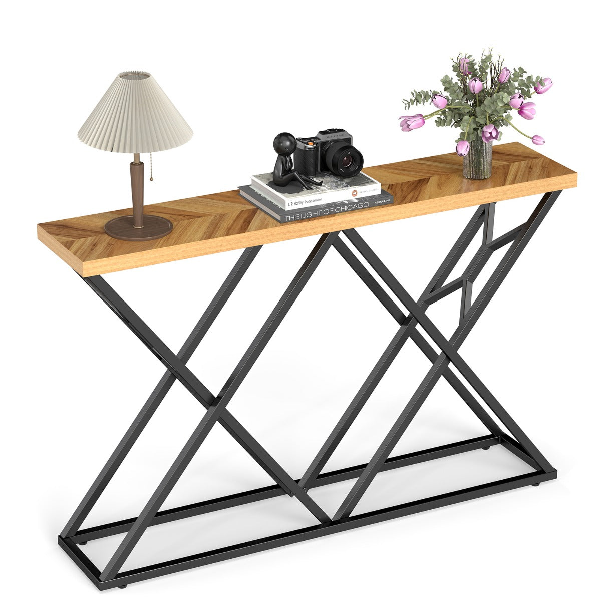 LIVSK Consoletafel - X-vormige Geometrische Voet - Houtnerf Tafelblad - 140 cm - Draagvermogen 75 kg - Natuur