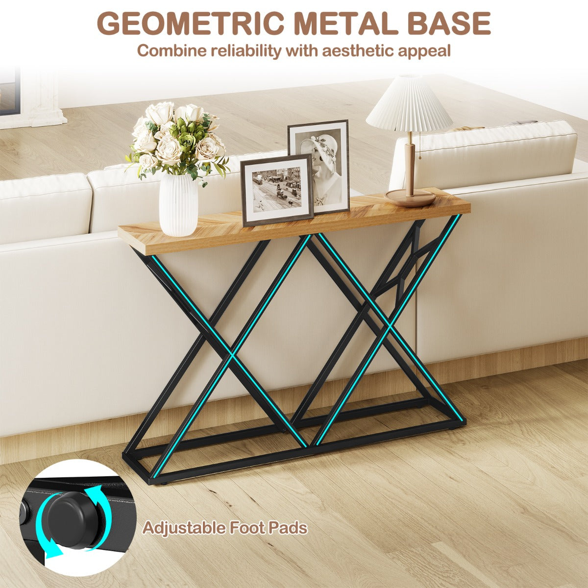 LIVSK Consoletafel - X-vormige Geometrische Voet - Houtnerf Tafelblad - 140 cm - Draagvermogen 75 kg - Natuur