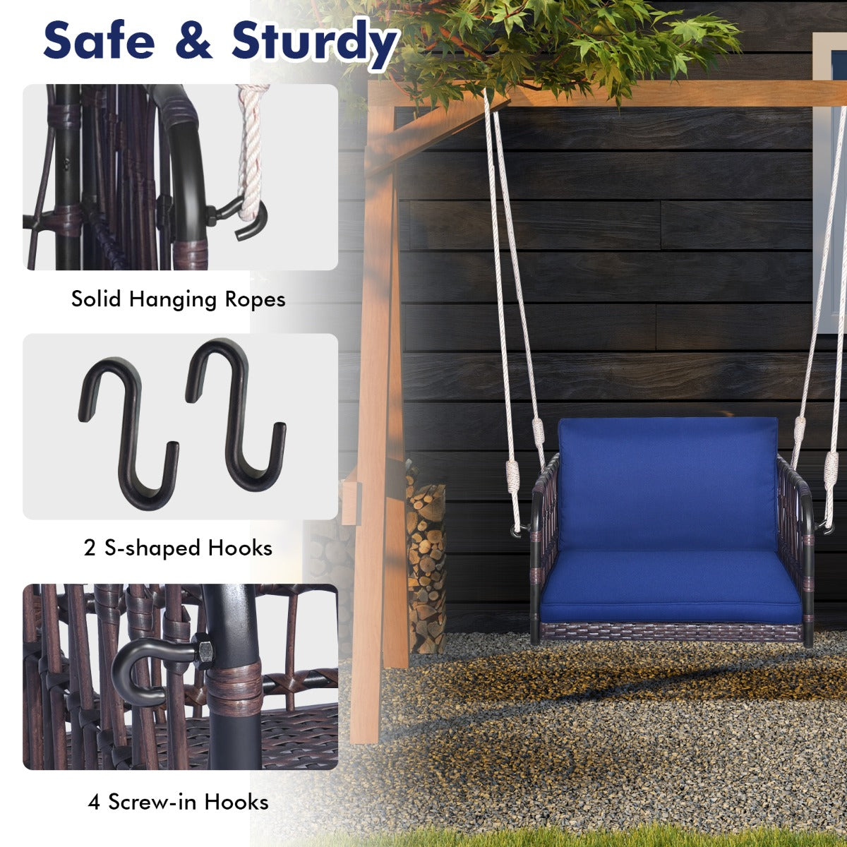 LIVSK Schommelbank van Rotan - Sterk Metalen Frame - Comfortabele Zit- en Rugkussens - Voor Buiten - Draagvermogen tot 180 kg -