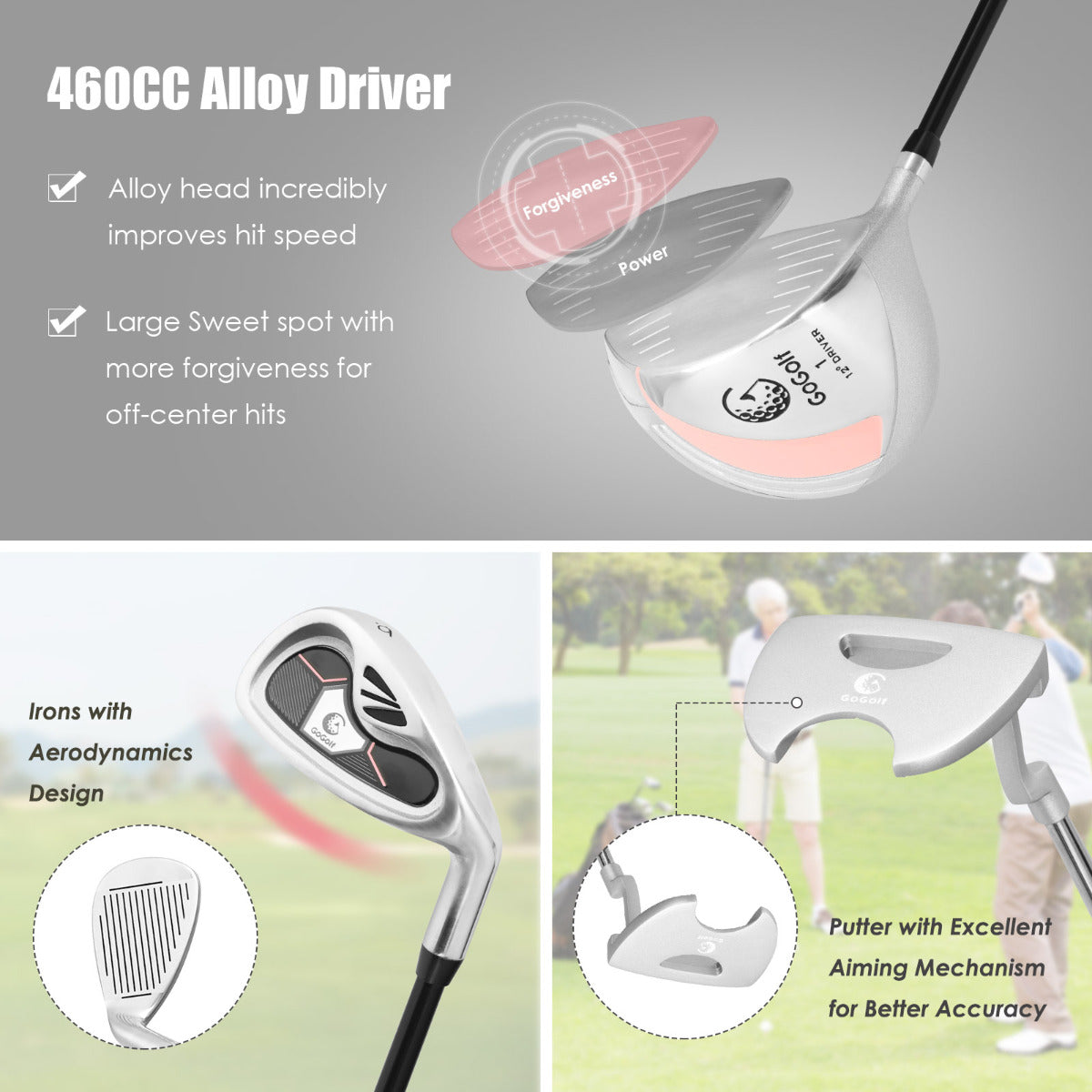 LIVSK Dames Complete Golfclubset - 460cc Driver - Fairway Wood - Hybride - Ijzers 6-9, PW & Putter - Lichtgewicht Stand Tas - Roze