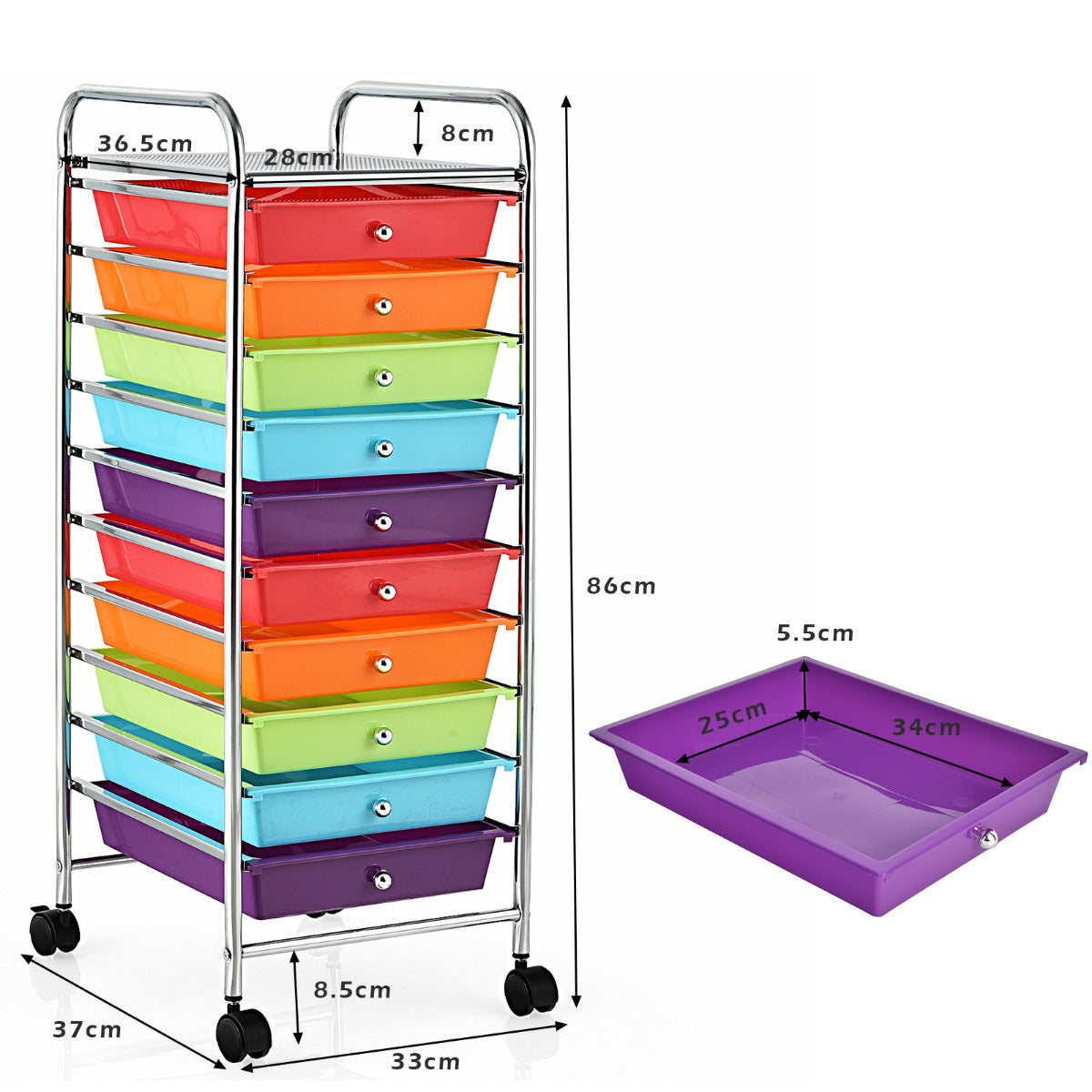 LIVSK Opbergwagen met 10 Laden - Verchroomd Stalen Frame - Mobiel met Zwenkwielen - Compact en Duurzaam - 32,5 x 37 x 86 cm -
