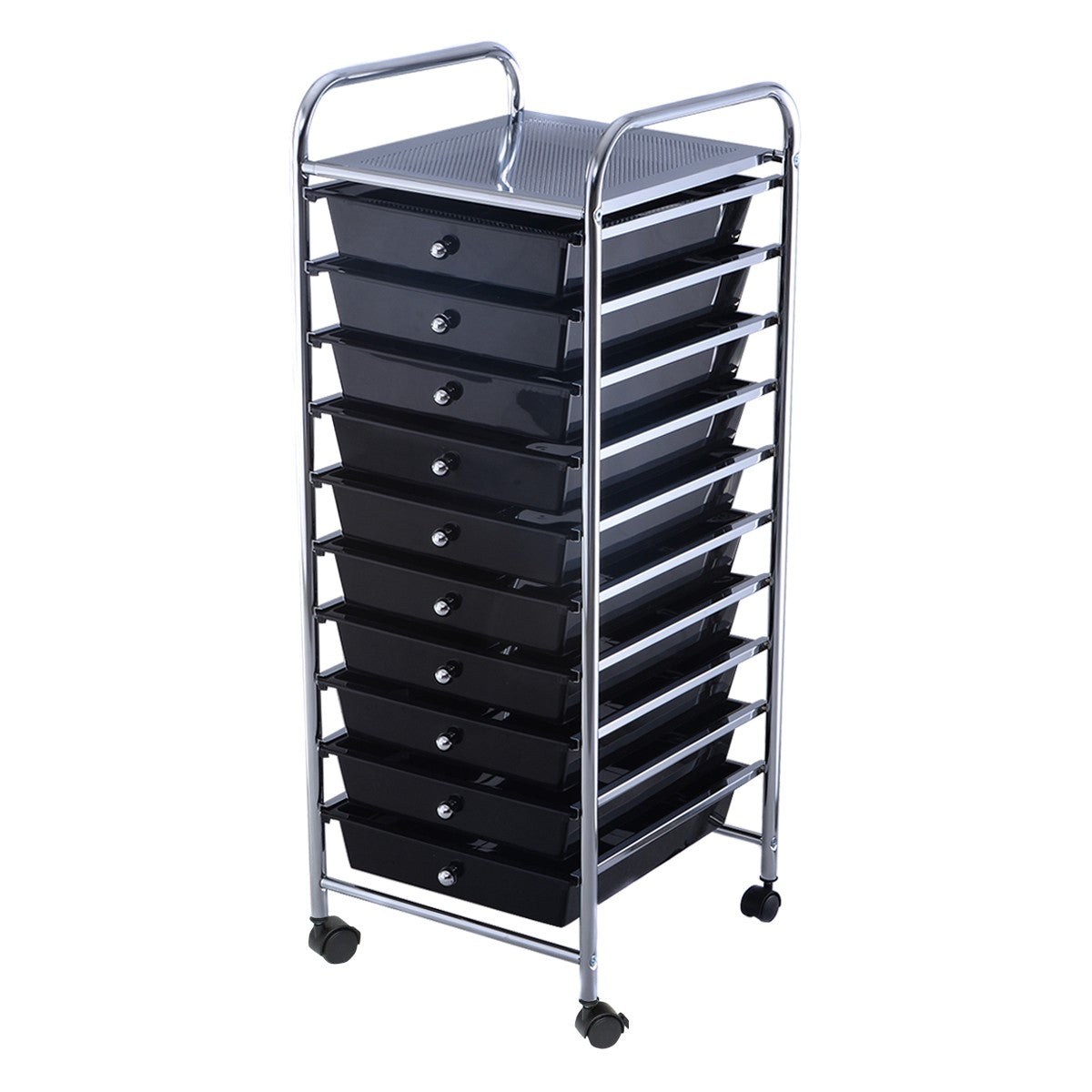 LIVSK Opbergwagen - 10 Grote Lades - Verchroomd Staal - 360° Roterende Wielen - Vergrendelbaar - 32,5 x 37 x 86 cm - Zwart
