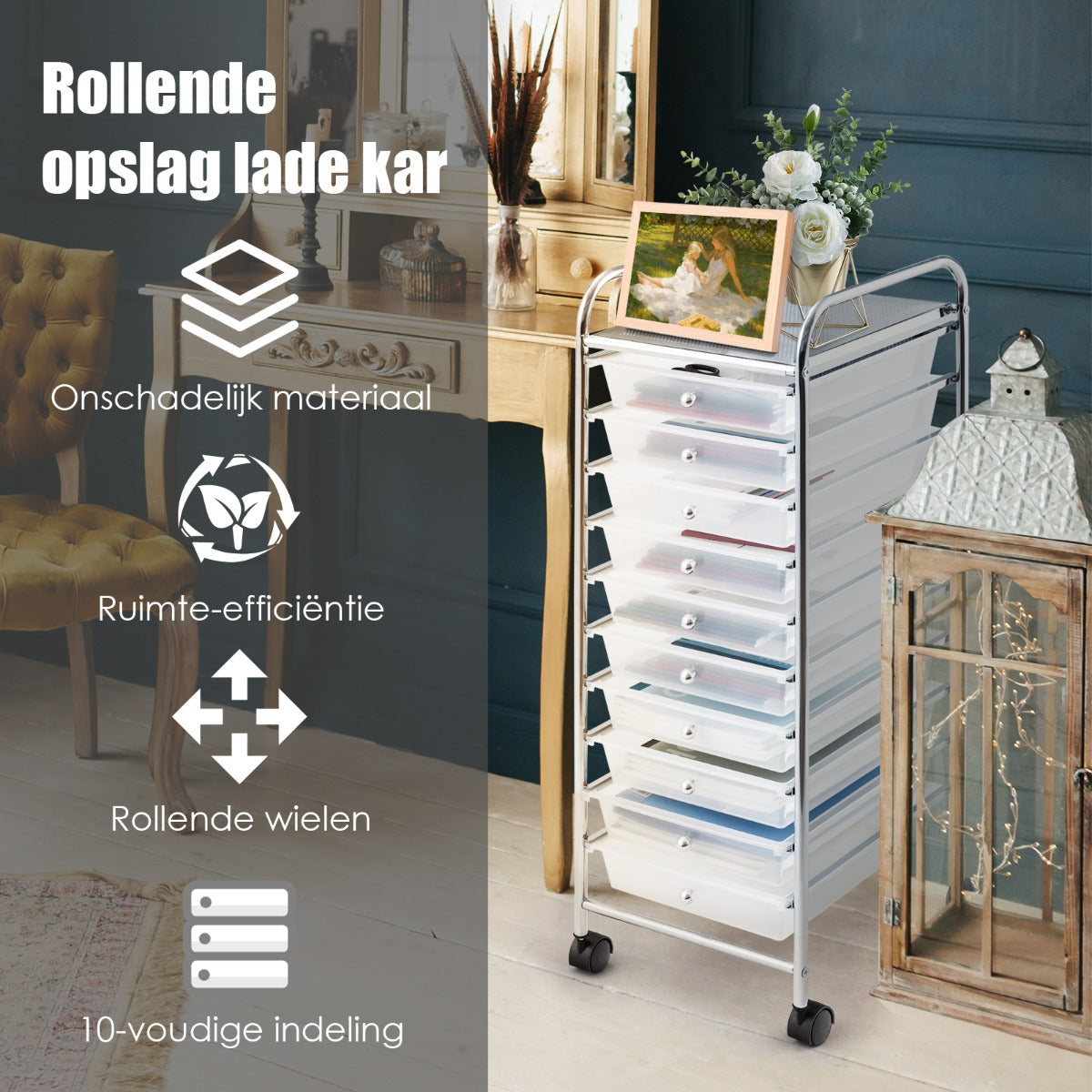 LIVSK Opbergwagen - 10 Lades - Verchroomd Stalen Frame - 360° Roterende Wielen - Eenvoudig Te Monteren - Zwart