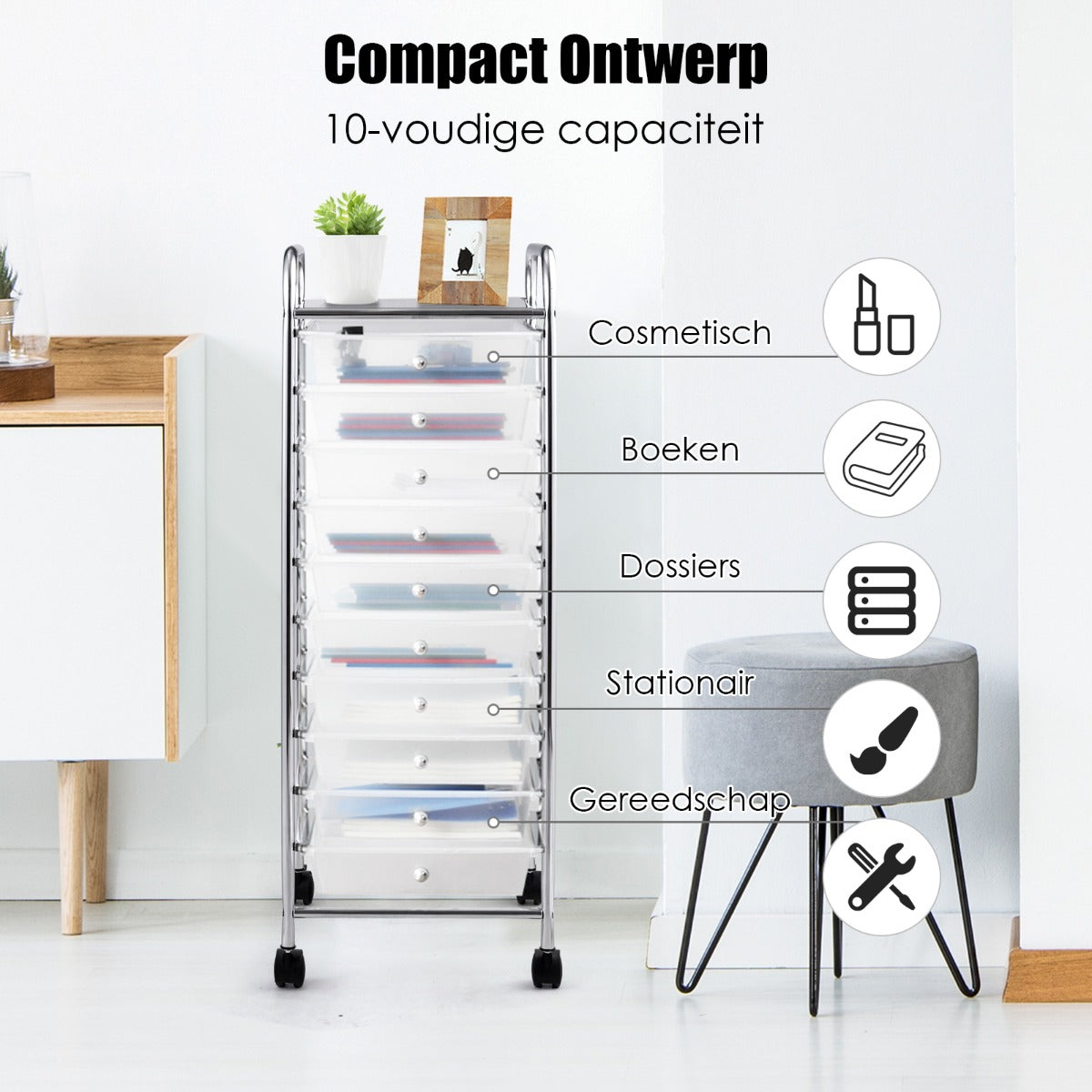 LIVSK Opbergwagen - 10 Lades - Verchroomd Stalen Frame - 360° Roterende Wielen - Eenvoudig Te Monteren - Zwart