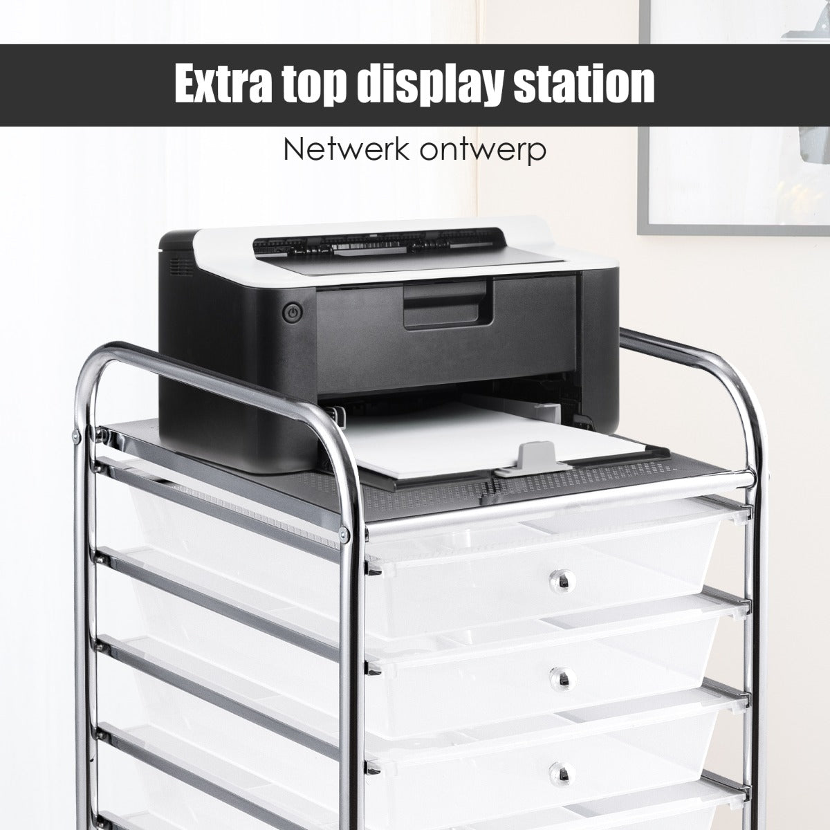 LIVSK Opbergwagen - 10 Lades - Verchroomd Stalen Frame - 360° Roterende Wielen - Eenvoudig Te Monteren - Zwart