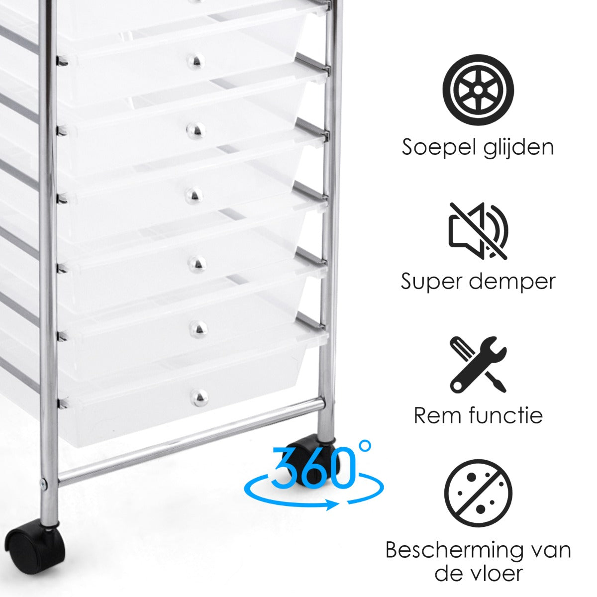 LIVSK Opbergwagen - 10 Lades - Verchroomd Stalen Frame - 360° Roterende Wielen - Eenvoudig Te Monteren - Zwart