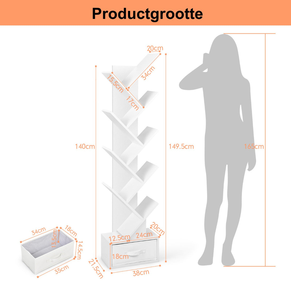LIVSK Boom Boekenplank - 10 Open Planken & Stoffen Lade - Modern Design - Stevige Constructie - 38 x 21,5 x 149,5 cm - Wit
