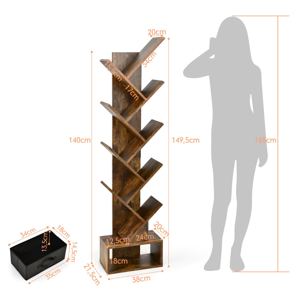 LIVSK Boom Boekenplank - Uniek Boomvormig Design - 10 Open Planken en Stoffen Lade - Stevige Constructie - 38 x 21,5 x 149,5 cm -