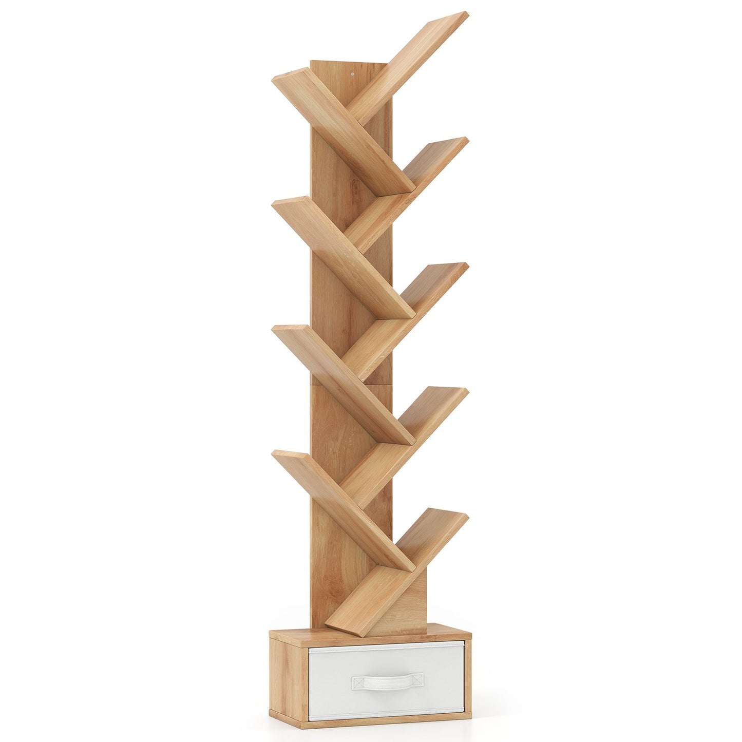 LIVSK Boom-Boekenplank met Lade - 10 Planken - Uniek Design - Stevig en Stabiel - Compact voor Kleine Ruimtes - Natuurlijk