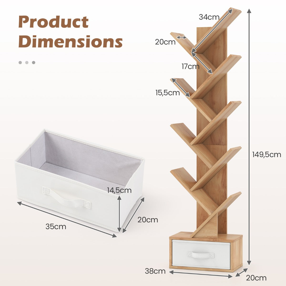 LIVSK Boom-Boekenplank met Lade - 10 Planken - Uniek Design - Stevig en Stabiel - Compact voor Kleine Ruimtes - Natuurlijk