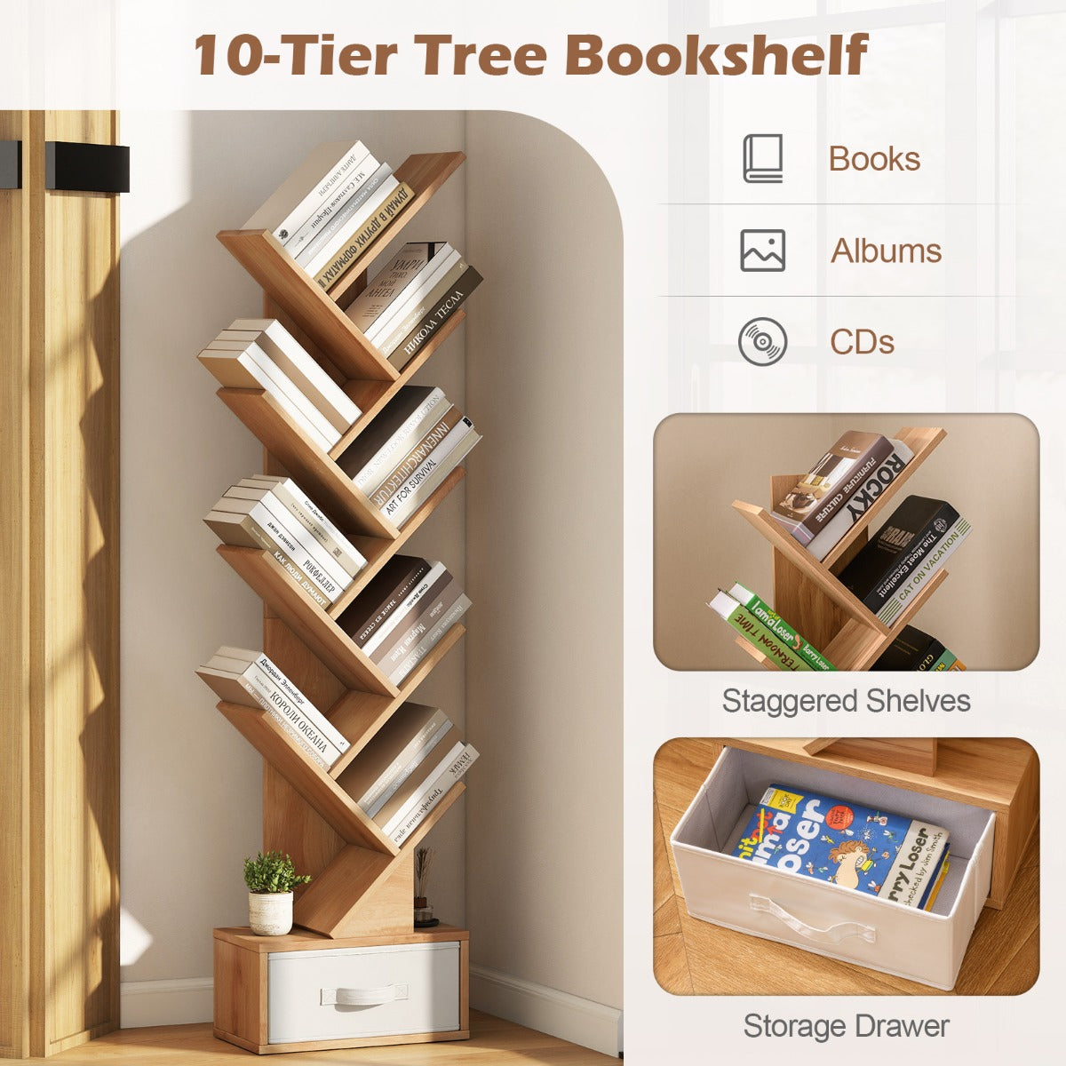 LIVSK Boom-Boekenplank met Lade - 10 Planken - Uniek Design - Stevig en Stabiel - Compact voor Kleine Ruimtes - Natuurlijk