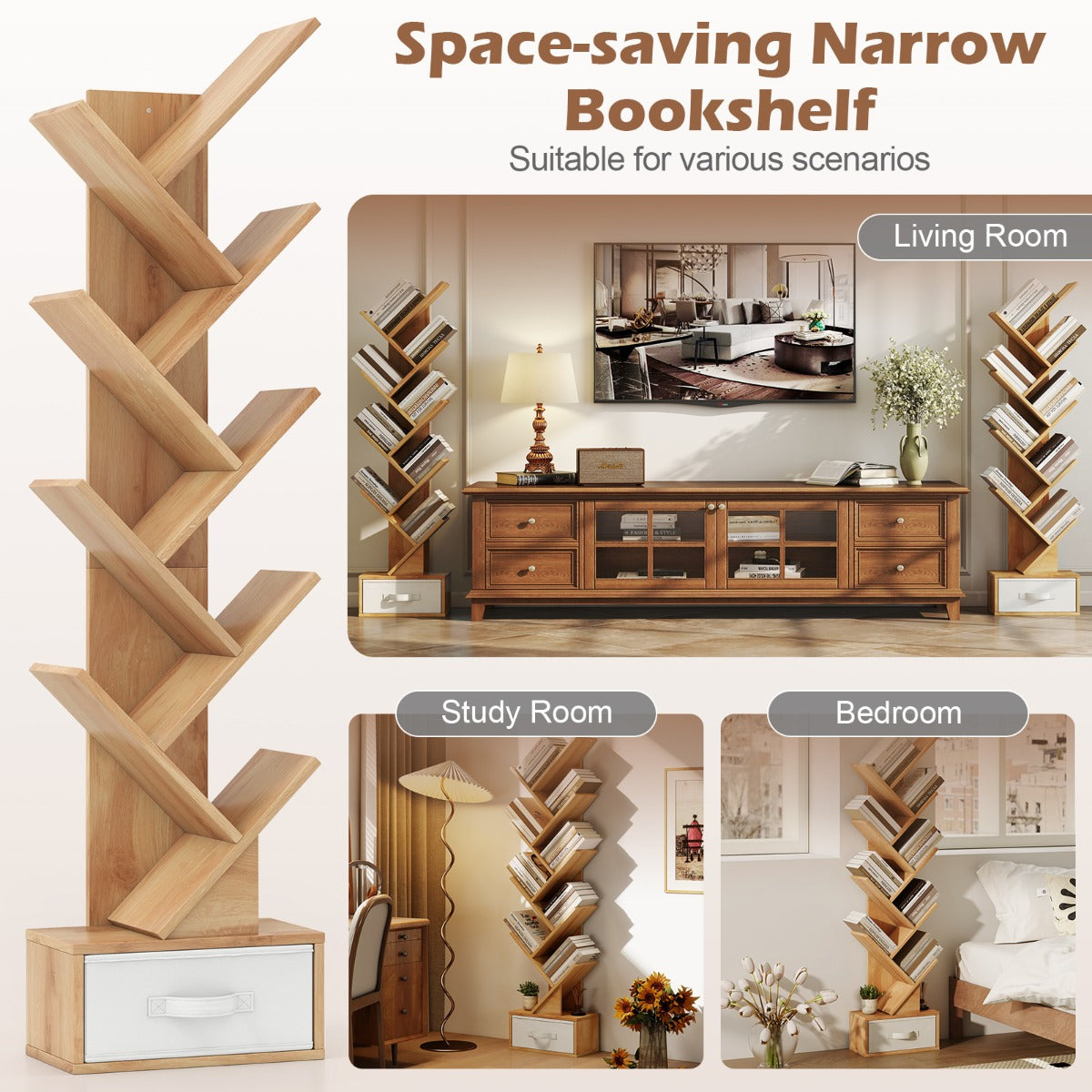 LIVSK Boom-Boekenplank met Lade - 10 Planken - Uniek Design - Stevig en Stabiel - Compact voor Kleine Ruimtes - Natuurlijk