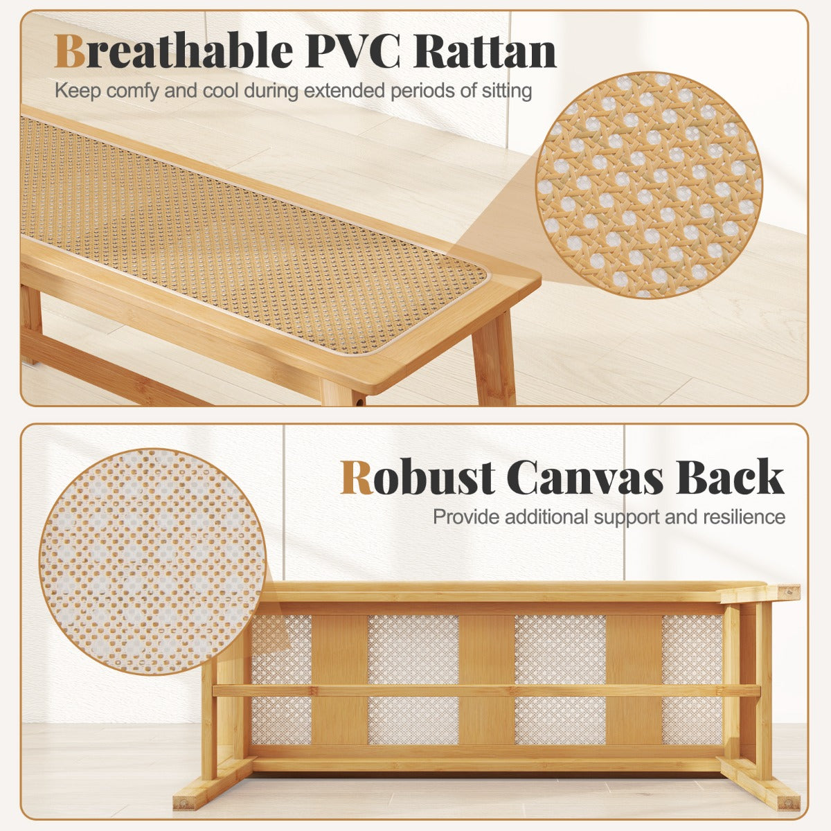 Livsk costway 100 cm bamboe eetkamerstoel met handgeweven rotan zitting houten bank 4