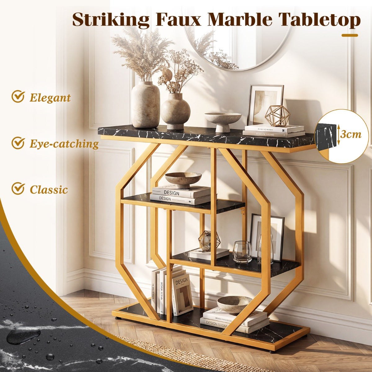 Livsk costway 100 cm console tafel 4 traps moderne haltafel met opbergruimte kunstmarmeren tafelblad