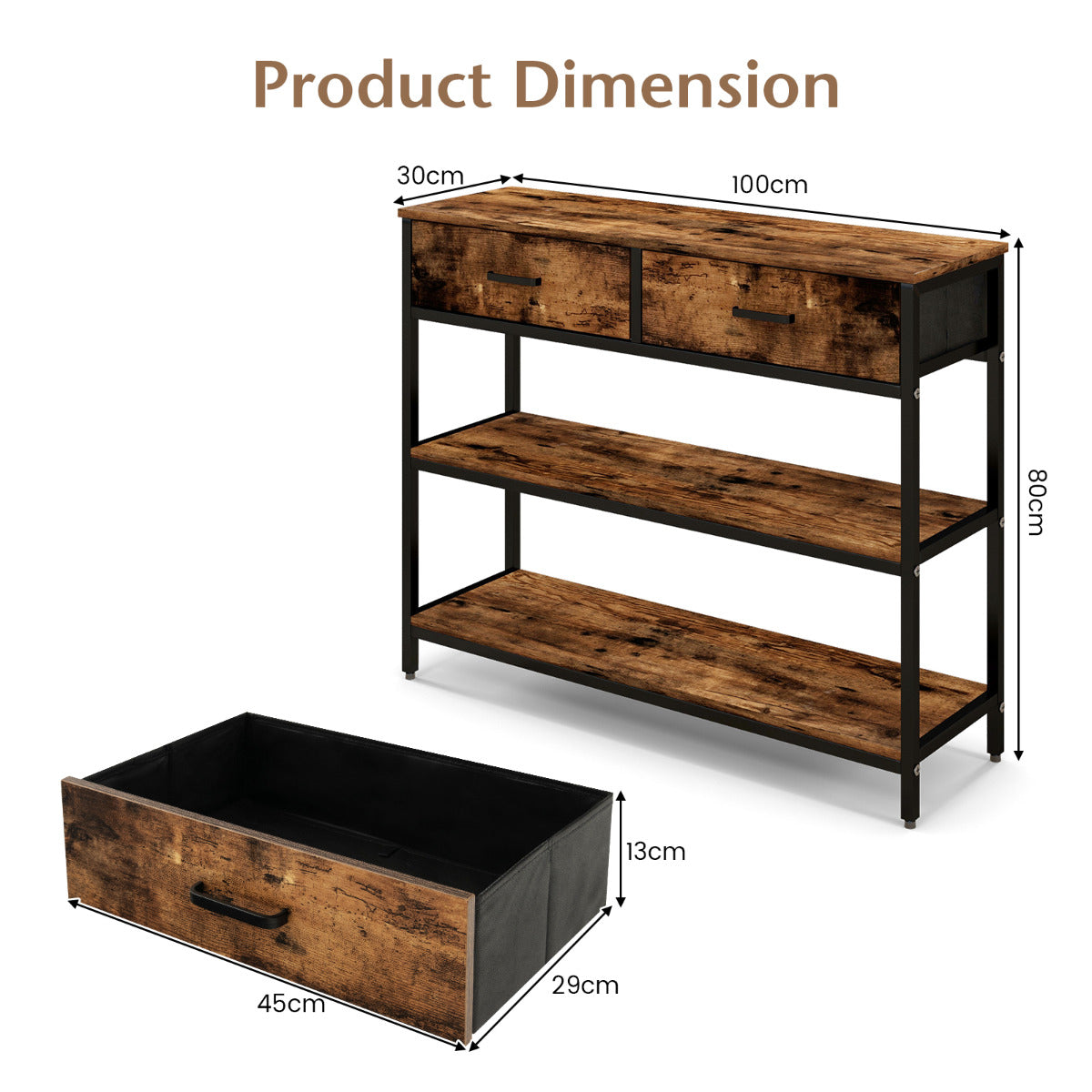 LIVSK Consoletafel met 2 Laden - Robuust Metaal - Verstelbare Kussens - Kantelbeveiliging - 100 x 30 x 80 cm - Rustiek bruin