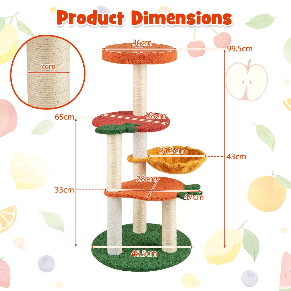 LIVSK Fruitige Kattenboom - Draaibare Hangmat - Meerdere Platforms - Krabpalen - Stevige Basis - 48,5 x 48,5 x 99,5 cm -