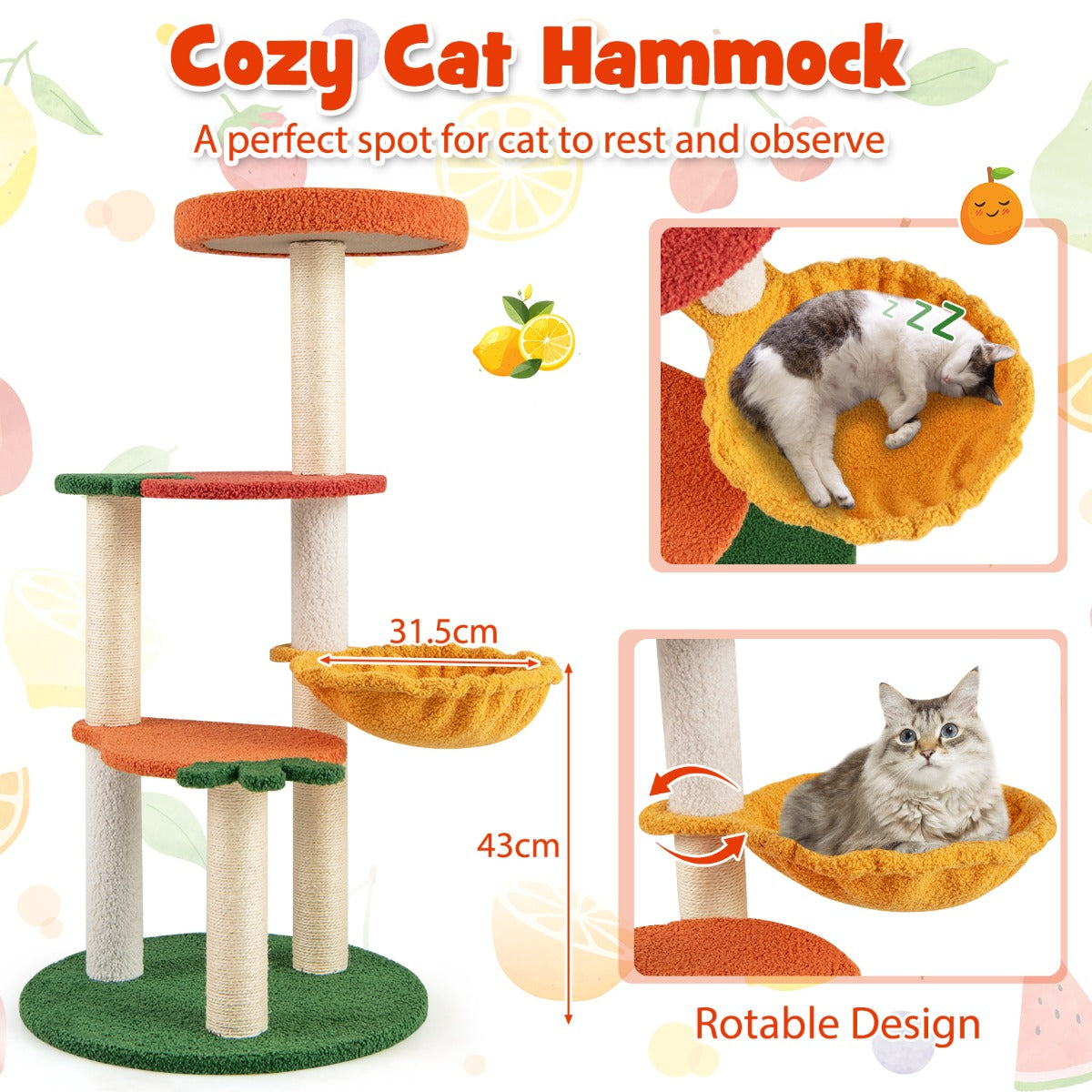 LIVSK Fruitige Kattenboom - Draaibare Hangmat - Meerdere Platforms - Krabpalen - Stevige Basis - 48,5 x 48,5 x 99,5 cm -