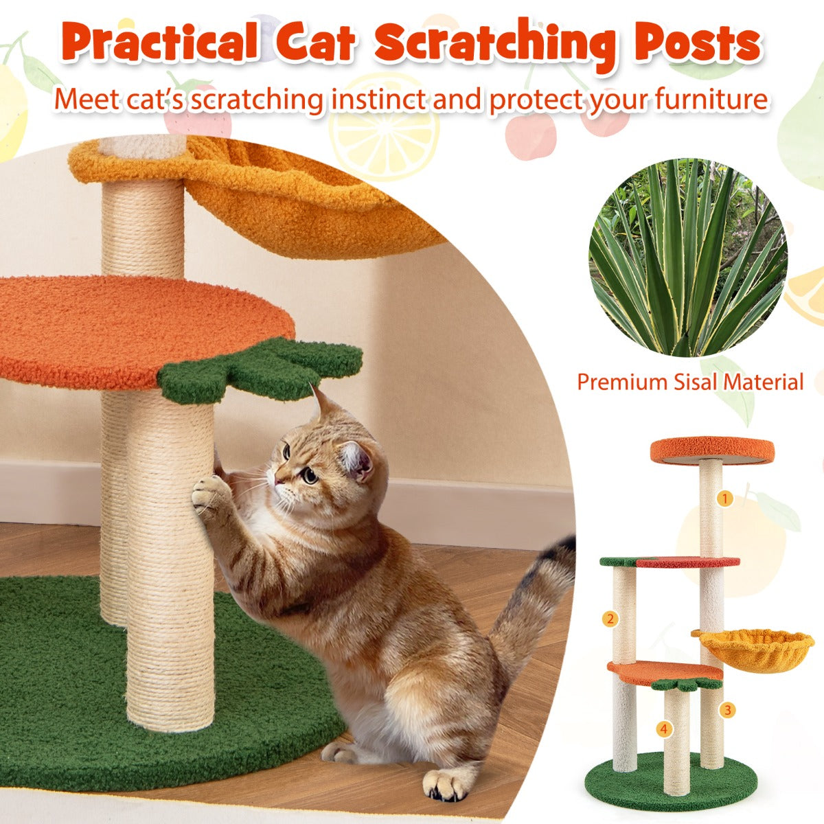 LIVSK Fruitige Kattenboom - Draaibare Hangmat - Meerdere Platforms - Krabpalen - Stevige Basis - 48,5 x 48,5 x 99,5 cm -