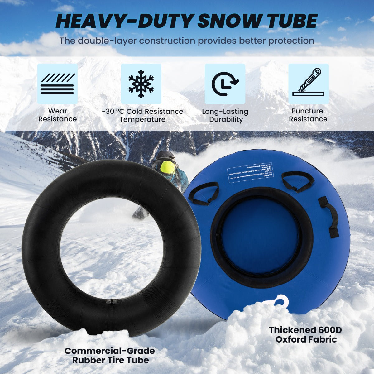 Livsk costway 100 cm opblaasbare sneeuwslee hoogwaardige rubberen binnenband stijve bodem trekband opblaaspomp voor kinderen volwassenen blauw 2