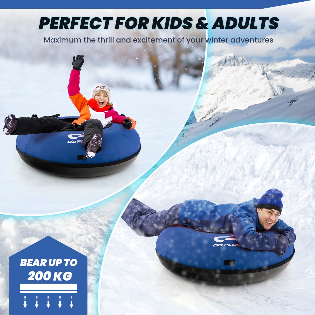 Livsk costway 100 cm opblaasbare sneeuwslee hoogwaardige rubberen binnenband stijve bodem trekband opblaaspomp voor kinderen volwassenen blauw 4