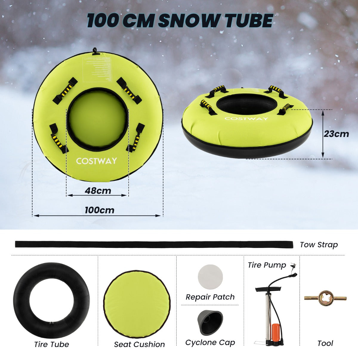 Livsk costway 100 cm opblaasbare sneeuwslee hoogwaardige rubberen binnenband stijve bodem trekband opblaaspomp voor kinderen volwassenen groen 1 1