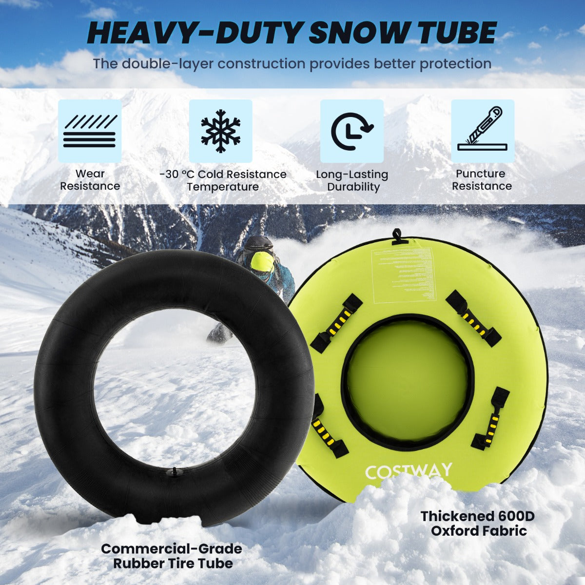 Livsk costway 100 cm opblaasbare sneeuwslee hoogwaardige rubberen binnenband stijve bodem trekband opblaaspomp voor kinderen volwassenen groen 2
