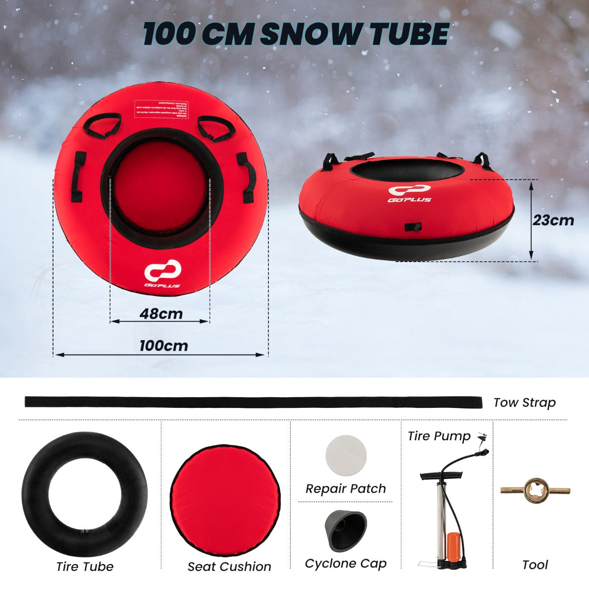 Livsk costway 100 cm opblaasbare sneeuwslee hoogwaardige rubberen binnenband stijve bodem trekband opblaaspomp voor kinderen volwassenen rood 1 1