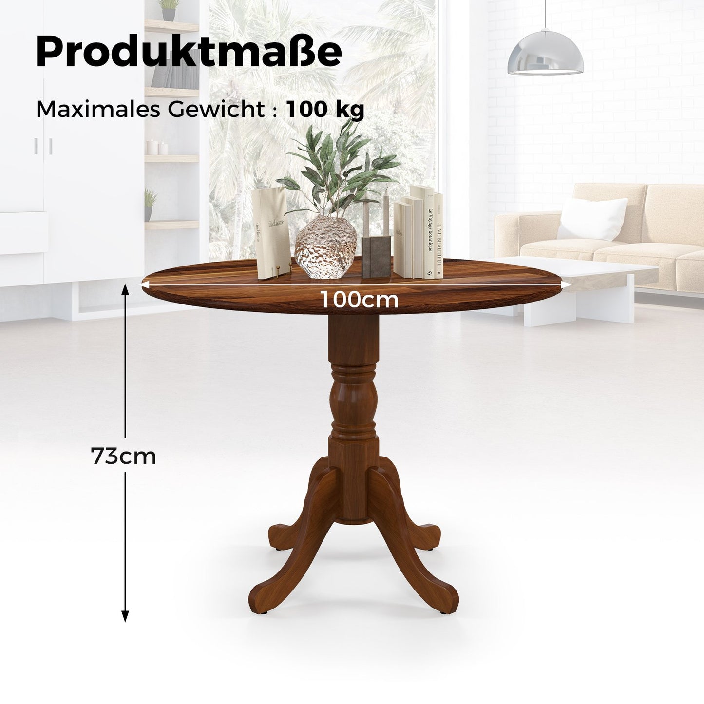 LIVSK Ronde Eettafel van 100 cm - Massief Rubberhout - Voor 4 Personen - Verstelbare Voetsteunen - Onderhoudsvriendelijk - Walnoot