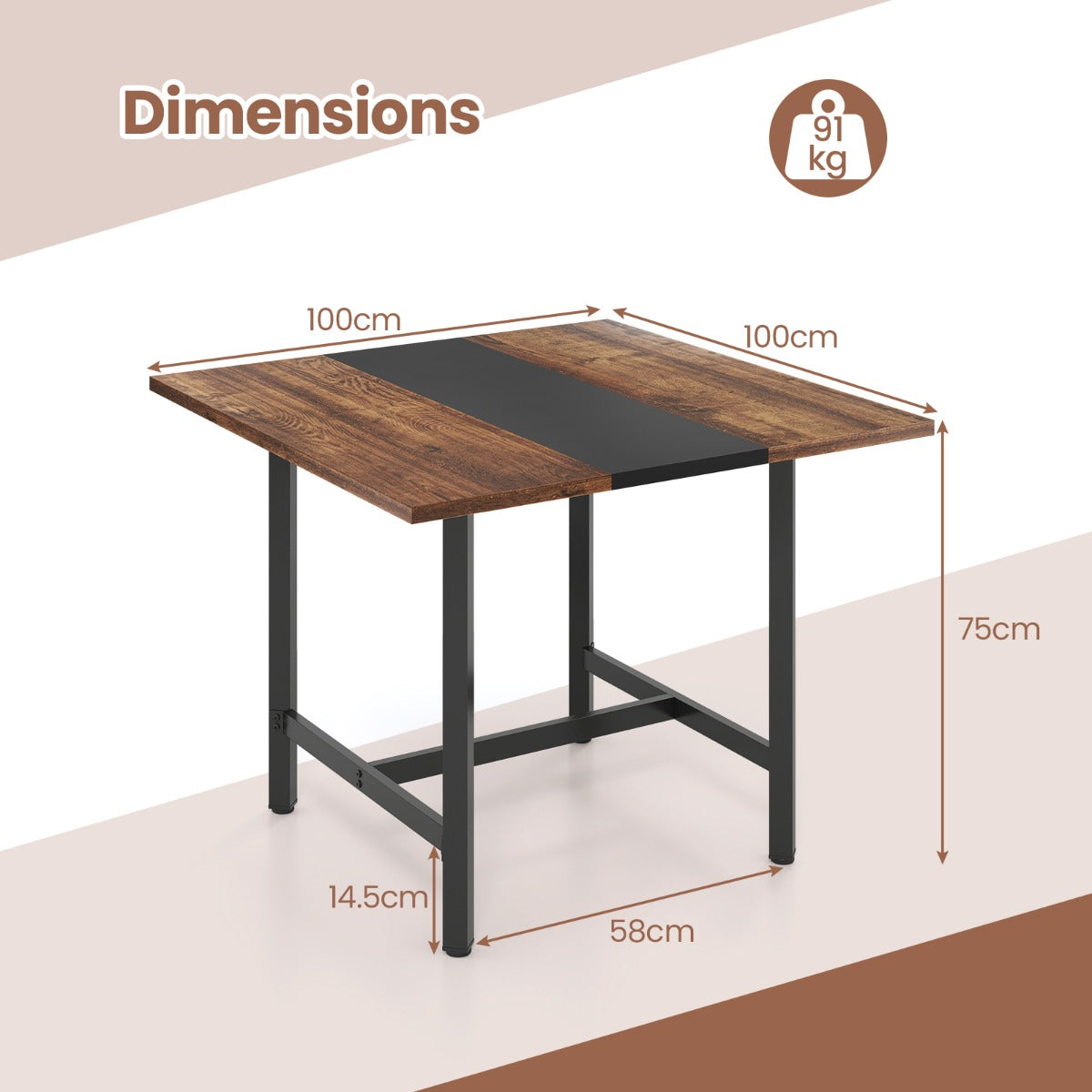 Livsk costway 100 cm vierkante vergadertafel vergadertafel met versterkt tafelblad en robuust metalen onderstel bruin 2