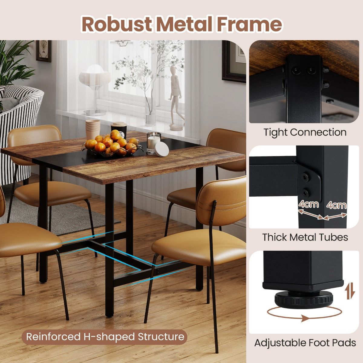 Livsk costway 100 cm vierkante vergadertafel vergadertafel met versterkt tafelblad en robuust metalen onderstel bruin 5