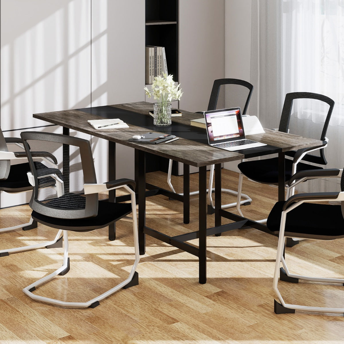 Livsk costway 100 cm vierkante vergadertafel vergadertafel met versterkt tafelblad en robuust metalen onderstel grijs 6