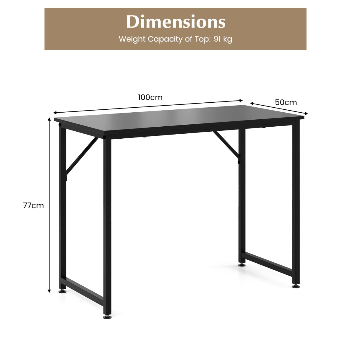 LIVSK Bureau met Stevig Metalen Frame - Ruim Blad en Onderste Ruimte - Eenvoudig te Monteren - 100 x 50 x 77 cm - Zwart