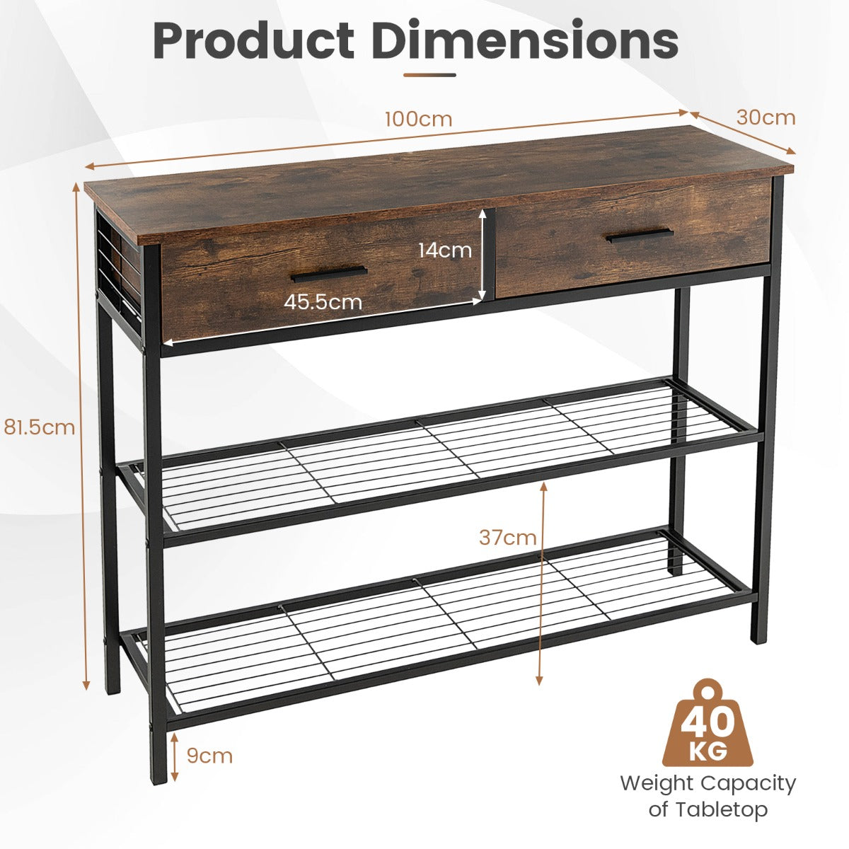 LIVSK Consoletafel met 2 Laden en 2 Legplanken - Stevig Metalen Frame - Krasbestendig - Onderhoudsvriendelijk - 100 x 30 x 81,5